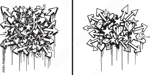 Urban graffiti vector art featuring a dense, chaotic spray-paint composition of arrows, stars, and hearts with realistic black paint drips. Bold, edgy street style for creative graphic designs.