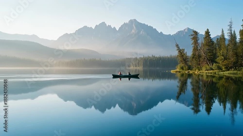 Wallpaper Mural Scenic lake view with mountains and canoeing in the early morning mist, perfect for nature lovers Torontodigital.ca