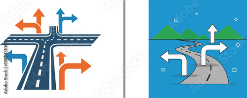 A side-by-side comparison of two road navigation illustrations: an overhead view of a junction with colorful directional arrows and a scenic winding road leading toward green mountains.