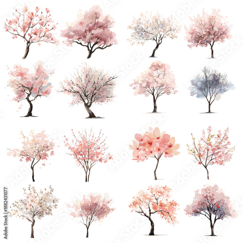 Watercolor spring blossom tree illustration set with soft pink flowers and delicate branches isolated on white background ideal for floral decor romantic art and seasonal design
