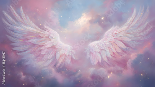 Large white angel wings spreading in a soft pink and purple sunset sky