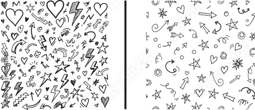 A side-by-side comparison of two black and white doodle patterns featuring dense clusters of hand-drawn hearts, stars, arrows, and lightning bolts in varied line weights.