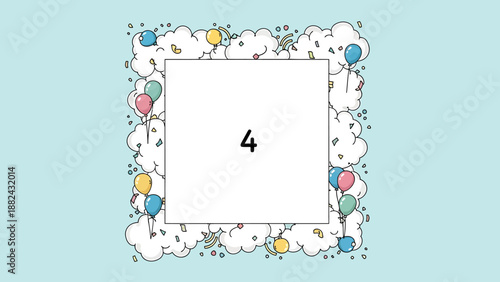 A whimsical white square frame adorned with colorful balloons and clouds on a light blue background from a straight-on viewpoint