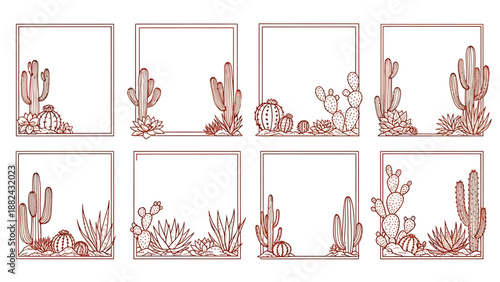 Collection of cactus and succulent illustrations in red frames on a clean white background from a straightforward viewpoint