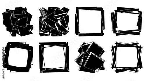 Collection of empty picture frames in various states of disarray, scattered around, viewed from a straightforward angle