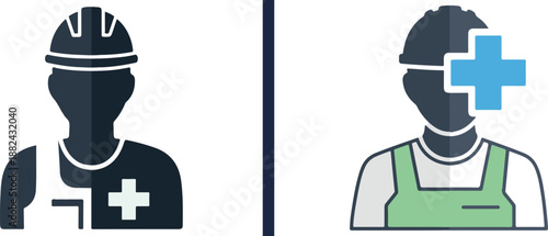A side-by-side comparison of construction worker icons: a dark silhouette with a white cross on the left and a detailed version with a green vest and blue cross on the right.