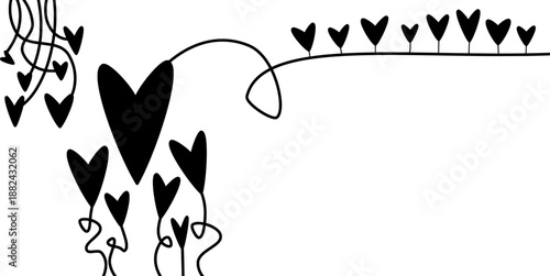 Abstract vector illustration of a floral pattern design featuring black and white nature elements such as heart-shaped flowers and leaves for romantic decorative or greeting cards.