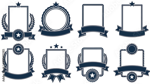 Collection of decorative frames and badges with ribbons and stars