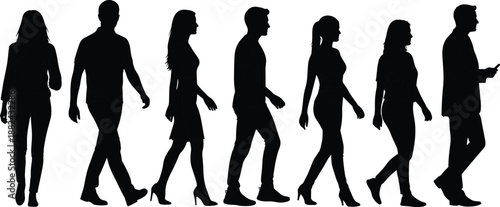 Black silhouettes of diverse business professionals, fashion models, and people walking or standing isolated on white background for creative design.