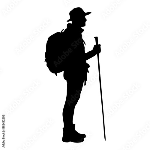 Black silhouette of a standing climber wearing a backpack and hat holding climbing poles on a white background