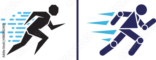 Dynamic vector silhouettes of a sprinter in motion. Features a black angular figure with blue speed trails and a geometric purple robot-like runner, representing speed, technology, and fitness.