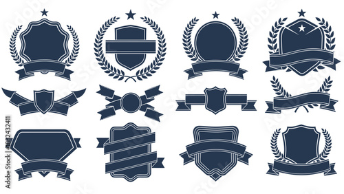 Collection of decorative badges and ribbons in various styles and designs