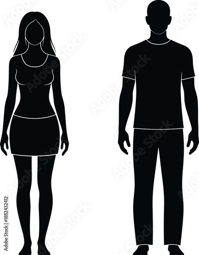 Black silhouettes of diverse business professionals and fashion models in walking and standing poses isolated on white background for design.