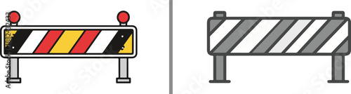 Colorful and grayscale construction barrier icons with warning lights. These vector symbols represent roadworks, street maintenance, danger zones, and safety blockades for urban planning.
