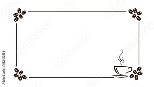 A steaming cup of coffee surrounded by a decorative border of coffee beans, viewed from directly above