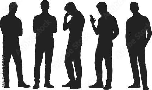 Black silhouettes of diverse people, business professionals, and fashion models in walking and standing poses isolated on white background for design.