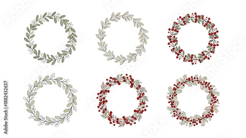 Collection of six festive wreaths with varying foliage and berry decorations displayed on a clean background from a straightforward viewpoint