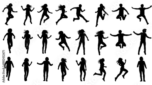 Collection of silhouetted people jumping and dancing in various dynamic poses and movements