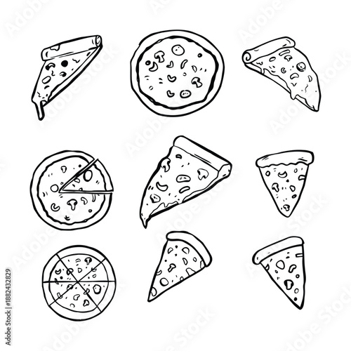 A delectable assortment of hand-drawn pizza and slices, perfect for culinary-themed designs and menus