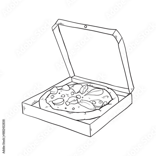 Convenient takeout concept Freshly prepared pizza with delicious toppings, perfectly placed in an open delivery box