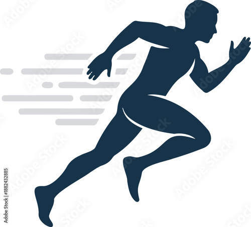 Dynamic navy blue silhouette of a male runner in mid-stride with gray motion lines. This vector illustration conveys speed, energy, and peak performance for sports and fitness branding.