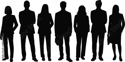 Black silhouettes of professional business people and corporate teams standing in formal suits isolated on white background for leadership designs.