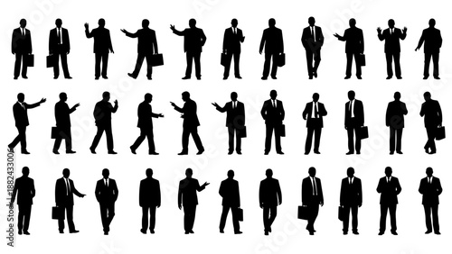 Collection of diverse business professionals in various poses and actions, silhouetted against a plain background, captured from multiple viewpoints, illustrations