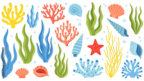 Vibrant ocean scene with seaweed, seashells, and starfish illustration from above