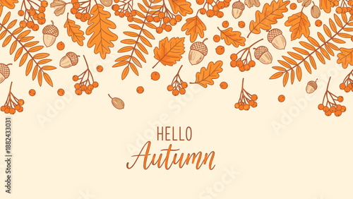Vibrant autumn leaves and foliage arranged in a decorative pattern with hello autumn text overlay