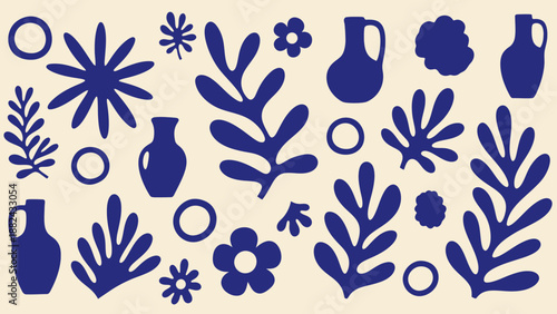 Collection of blue floral and vase silhouettes arranged in a decorative pattern on a neutral background