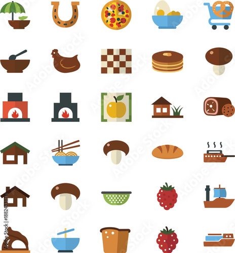 Flat vector collection of miscellaneous lifestyle icons featuring pizza, horseshoe, domestic animals, and various food items for creative design.