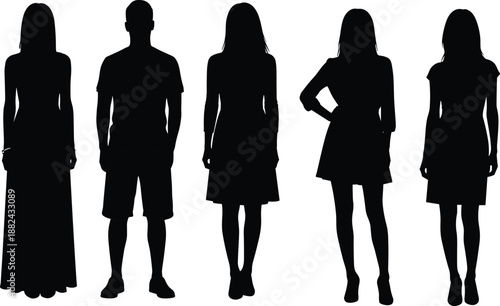 Collection of diverse people silhouettes standing in a row including business professionals with backpack and gesturing isolated on white background