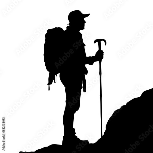 Black silhouette of a standing climber wearing a backpack and hat holding climbing poles on a white background