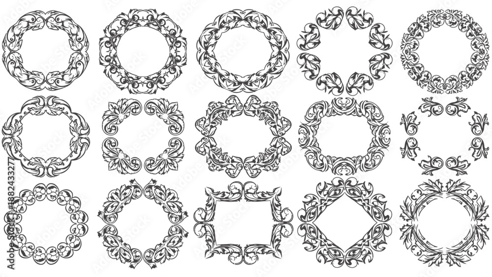 Obraz premium Collection of ornate frames and borders in various circular and square shapes, illustrations, graphic design elements, decorative art, white background