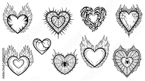 Collection of Hand-Drawn Heart Illustrations Featuring Various Designs and Flame Motifs