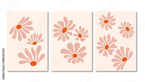 Three panels featuring pink flowers with orange centers on a neutral background viewed straight on
