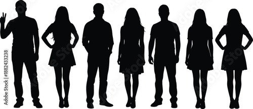 Collection of diverse people silhouettes standing in a row including business professionals with backpack and gesturing isolated on white background
