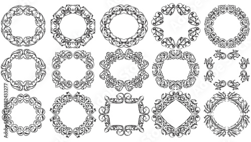 Collection of ornate frames and borders in various circular and square shapes, illustrations, graphic design elements, decorative art, white background