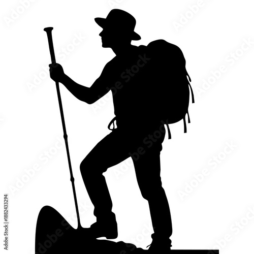 Black silhouette of a standing climber wearing a backpack and hat holding climbing poles on a white background