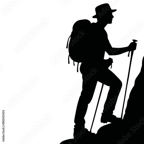 Black silhouette of a standing climber wearing a backpack and hat holding climbing poles on a white background