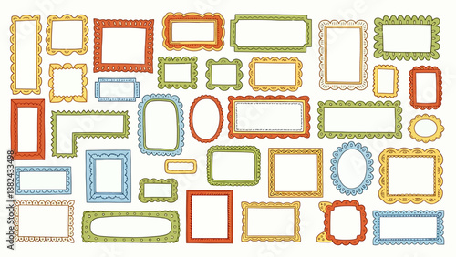 Collection of colorful frames and shapes in various sizes arranged in a collage on a clean background viewed from directly above