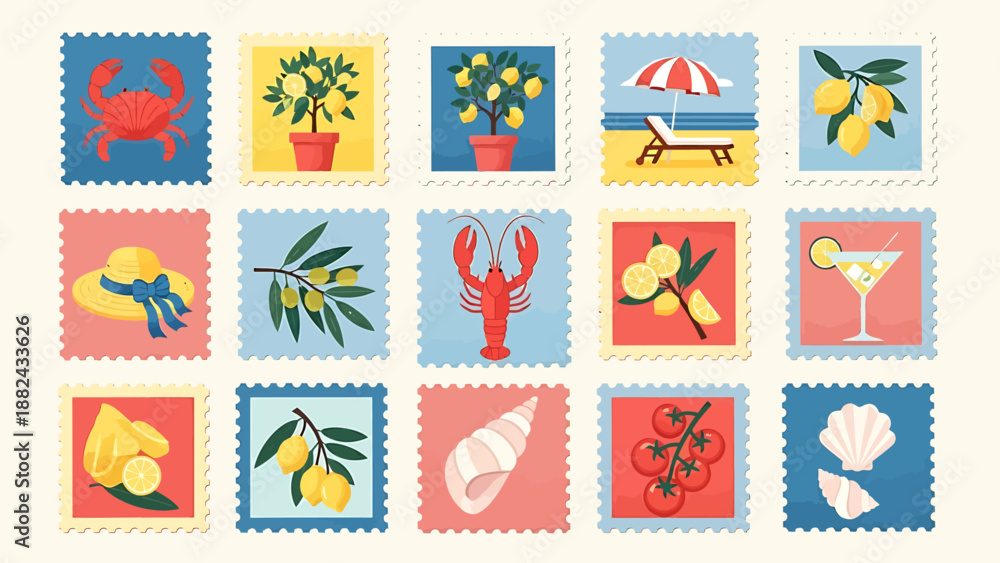 Fototapeta premium Collection of Summer-themed Illustrations Featuring Beach Elements and Tropical Fruits