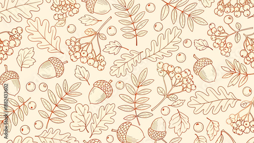 A serene illustration of acorns, leaves, and branches in a repeating pattern on a cream background from a direct viewpoint