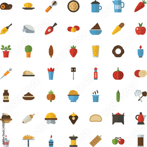 Large flat vector icon collection featuring organic vegetables garden plants kitchen tools and international culinary dishes for digital design.