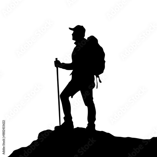 Black silhouette of a standing climber wearing a backpack and hat holding climbing poles on a white background