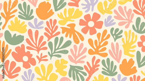 Vibrant floral pattern featuring stylized flowers and leaves in pastel shades from a top-down viewpoint