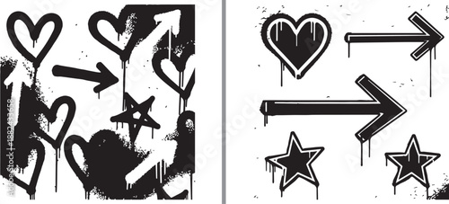 A side-by-side comparison of black and white graffiti-style elements featuring dripping hearts, arrows, and stars, presented as a chaotic collage and as organized individual icons.