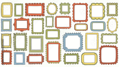 Assorted colorful picture frames arranged in a collage on a clean background from a straightforward viewpoint