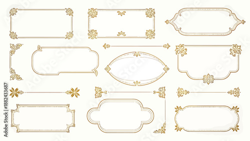 Collection of ornate gold frames and decorative elements on a neutral background