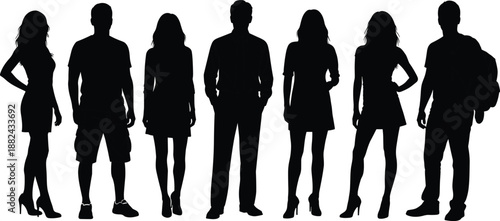 Group of diverse professional business people silhouettes standing in a row together isolated on white background for corporate lifestyle concepts